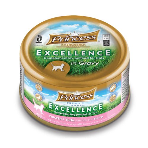 برينسيس بريميوم اكسلانس طعام رطب للقطط بنكهة الدجاج والتونة مع الارز والجمبري في المرق 70غ
