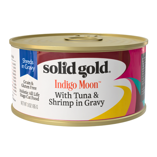 سوليد جولد إنديغو مون طعام رطب للقطط بالتونا والروبيان بالمرق 85غ