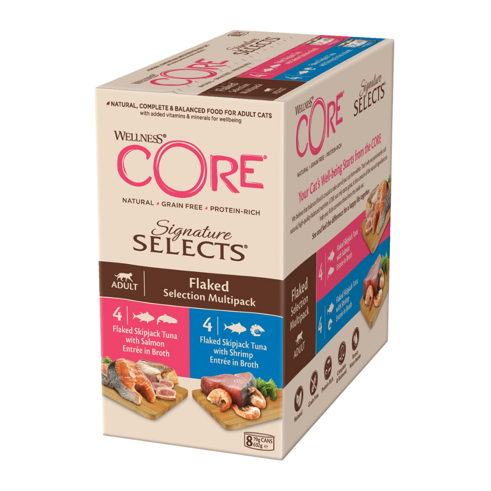 ويلنس كور معلبات متعددة تونة وسالمون ×4 تونة وروبيان ×4 بالمرق للقطط 8×79غ