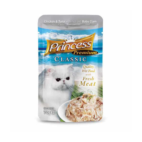 برينسيس بريميوم كلاسيك طعام رطب للقطط بنكهة الدجاج والتونة مع الارز والمحار الصغير في الجيلي 70غ